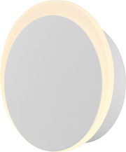 Runde, weiße LED-Akku-Wandleuchte mit sanftem, warmweißem Lichtschein, seitliche Perspektive