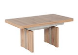 Moderner Couchtisch aus Holz mit rechteckiger Tischplatte und stabilen Beinen, seitliche Perspektive.
