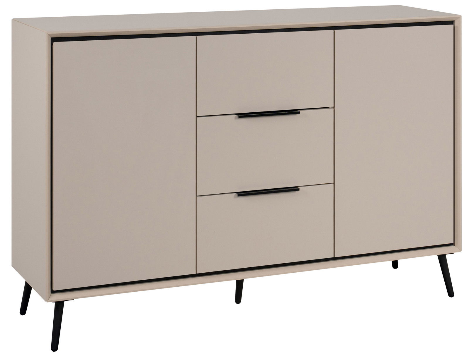 Modernes Sideboard mit zwei Türen und zwei Schubladen, in hellem Beige mit schwarzen Griffen und Beinen, seitliche Perspektive.