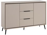 Modernes Sideboard mit zwei Türen und zwei Schubladen, in hellem Beige mit schwarzen Griffen und Beinen, seitliche Perspektive.