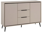 Modernes Sideboard mit zwei Türen und zwei Schubladen, in hellem Beige mit schwarzen Griffen und Beinen, seitliche Perspektive.