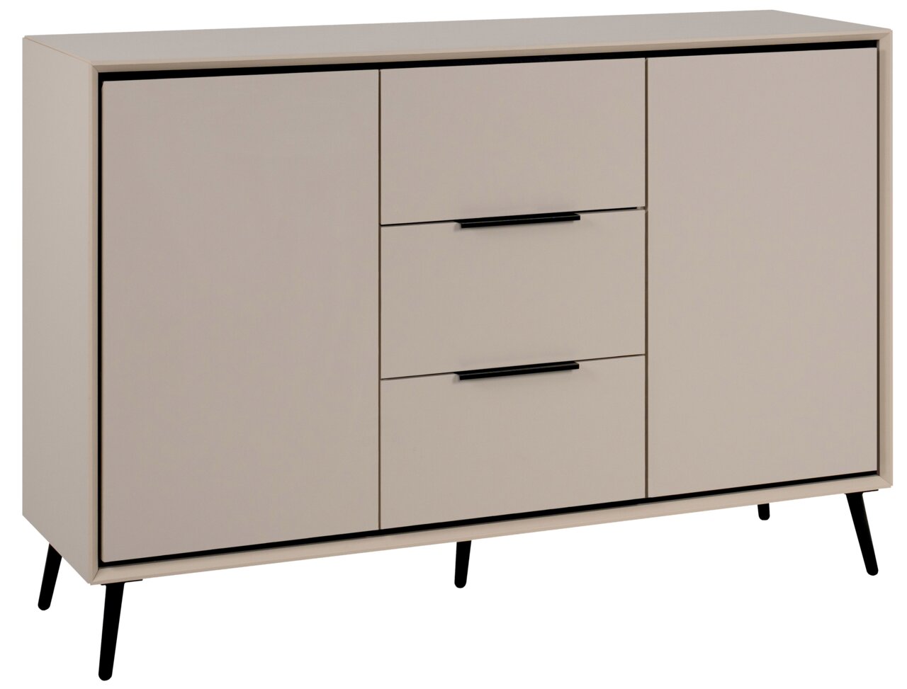 Modernes Sideboard mit zwei Türen und zwei Schubladen, in hellem Beige mit schwarzen Griffen und Beinen, seitliche Perspektive.