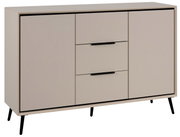 Modernes Sideboard mit zwei Türen und zwei Schubladen, in hellem Beige mit schwarzen Griffen und Beinen, seitliche Perspektive.