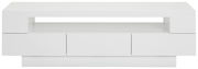 Weißes Lowboard mit modernem Design, frontal abgebildet. Es verfügt über eine offene Ablagefläche und drei Schubladen.