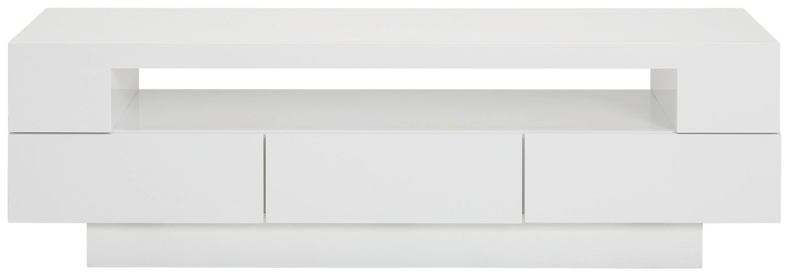 Weißes Lowboard mit modernem Design, frontal abgebildet. Es verfügt über eine offene Ablagefläche und drei Schubladen.