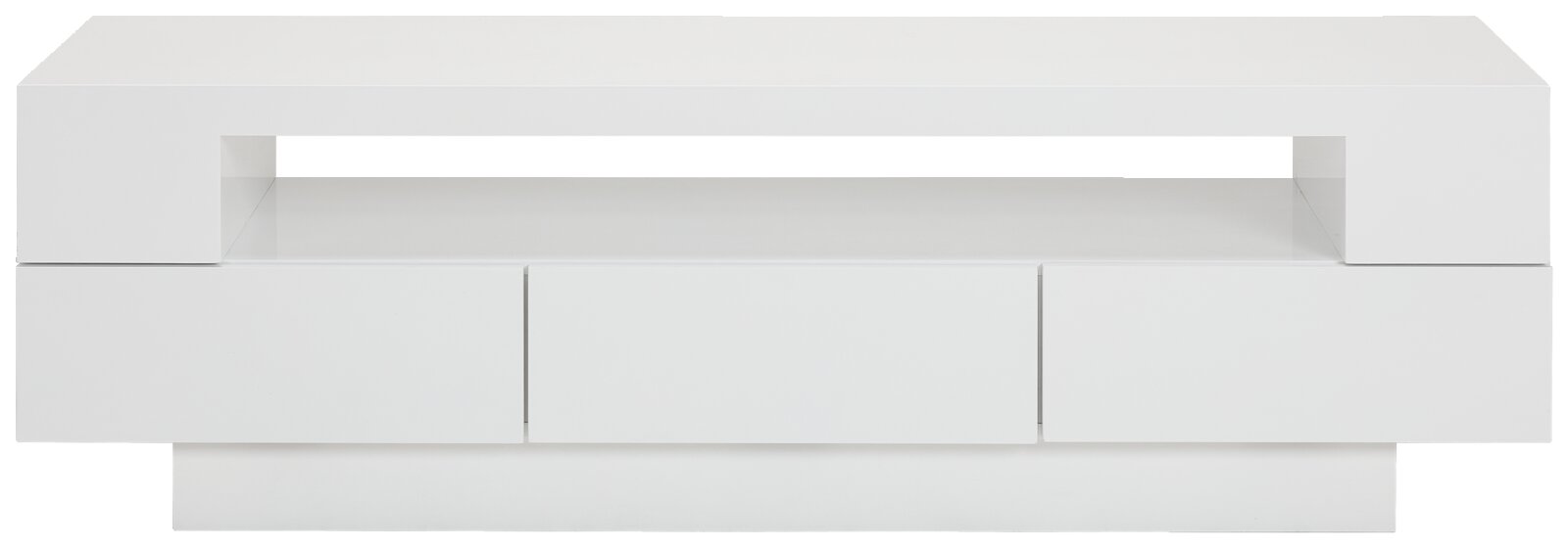 Weißes Lowboard mit modernem Design, frontal abgebildet. Es verfügt über eine offene Ablagefläche und drei Schubladen.