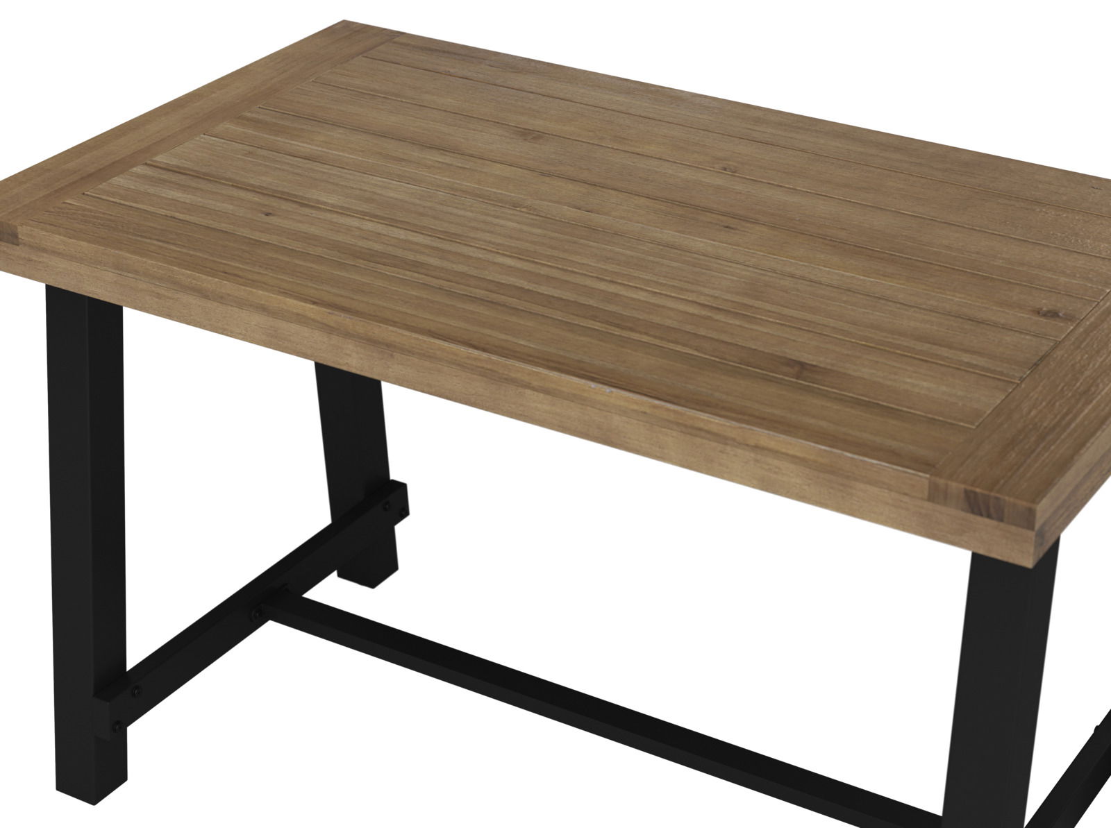 Gartentisch aus Holz mit Metallbeinen, seitliche Perspektive