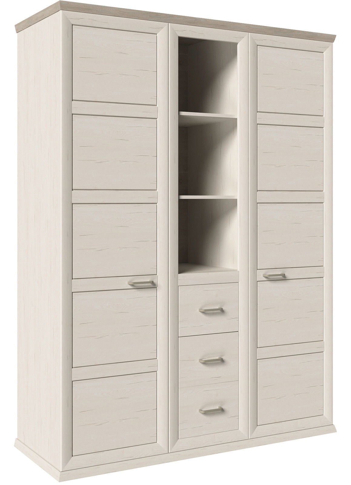 Drehtürenschrank 2-türig in heller Holzoptik mit offenen Regalfächern und Schubladen, seitliche Perspektive