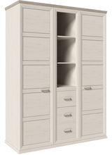 Drehtürenschrank 2-türig in heller Holzoptik mit offenen Regalfächern und Schubladen, seitliche Perspektive