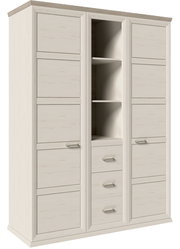 Drehtürenschrank 2-türig in heller Holzoptik mit offenen Regalfächern und Schubladen, seitliche Perspektive