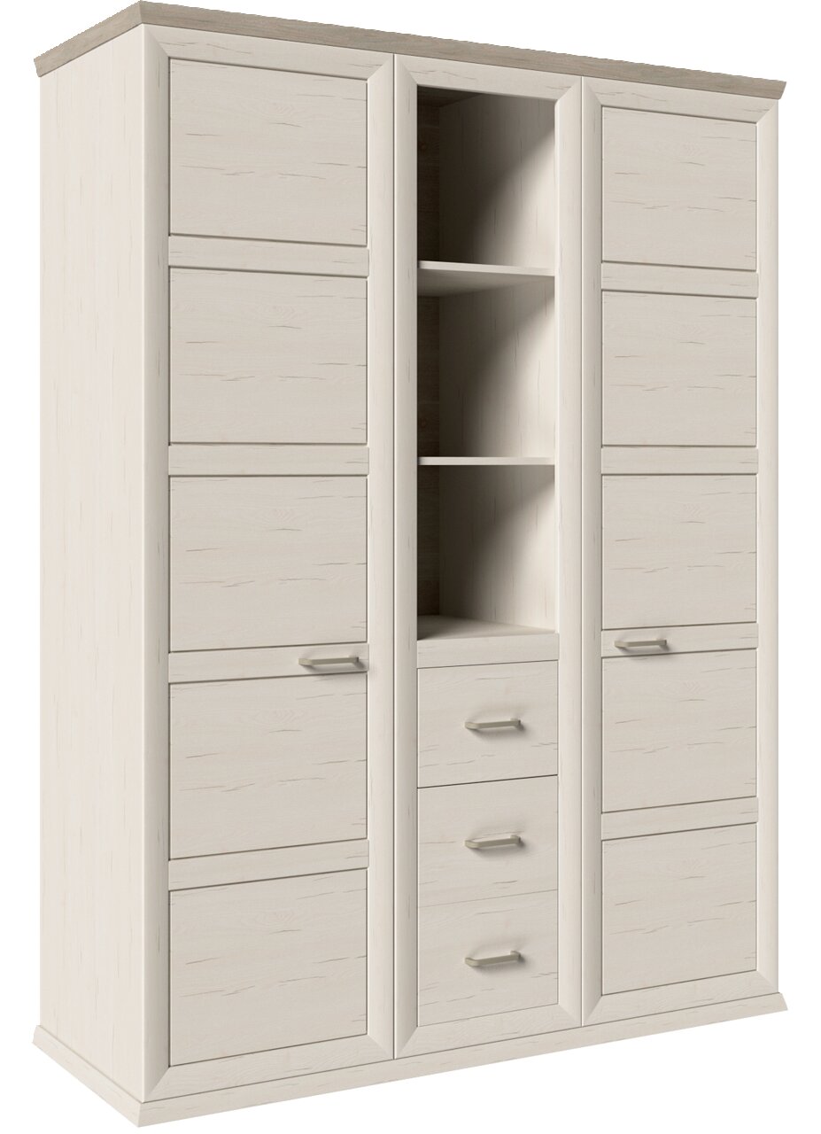 Drehtürenschrank 2-türig in heller Holzoptik mit offenen Regalfächern und Schubladen, seitliche Perspektive