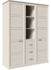 Drehtürenschrank 2-türig in heller Holzoptik mit offenen Regalfächern und Schubladen, seitliche Perspektive