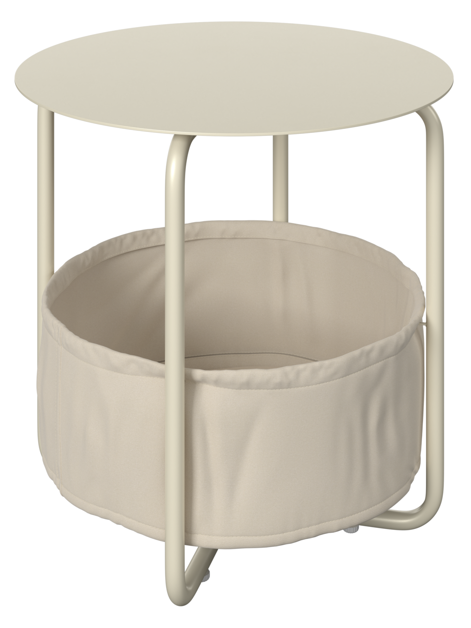 Ambia Garden Beistelltisch RUDI Runder Beistelltisch mit cremefarbenem Metallgestell und Stoffkorb, seitliche Perspektive