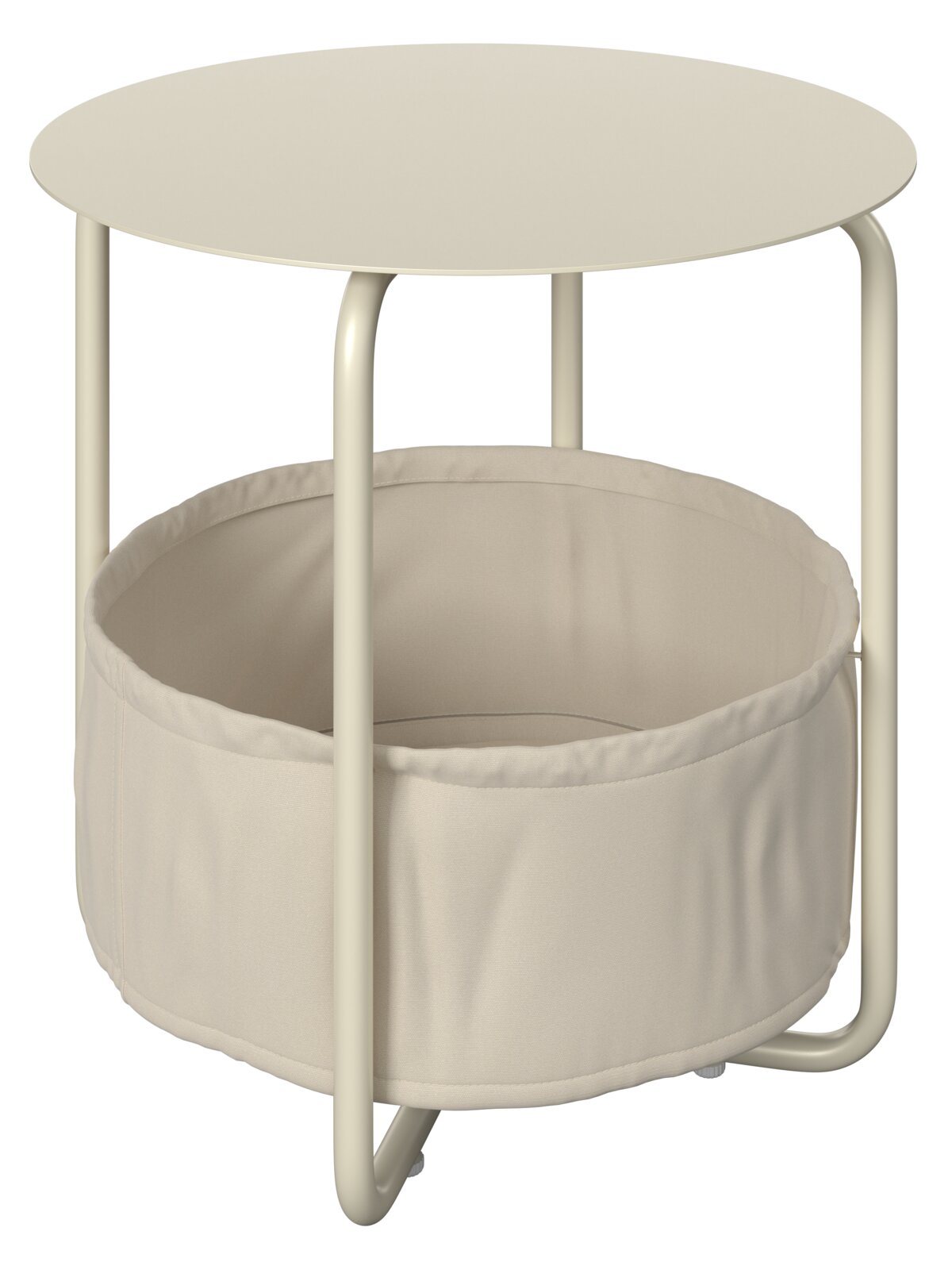 Ambia Garden Beistelltisch RUDI Runder Beistelltisch mit cremefarbenem Metallgestell und Stoffkorb, seitliche Perspektive