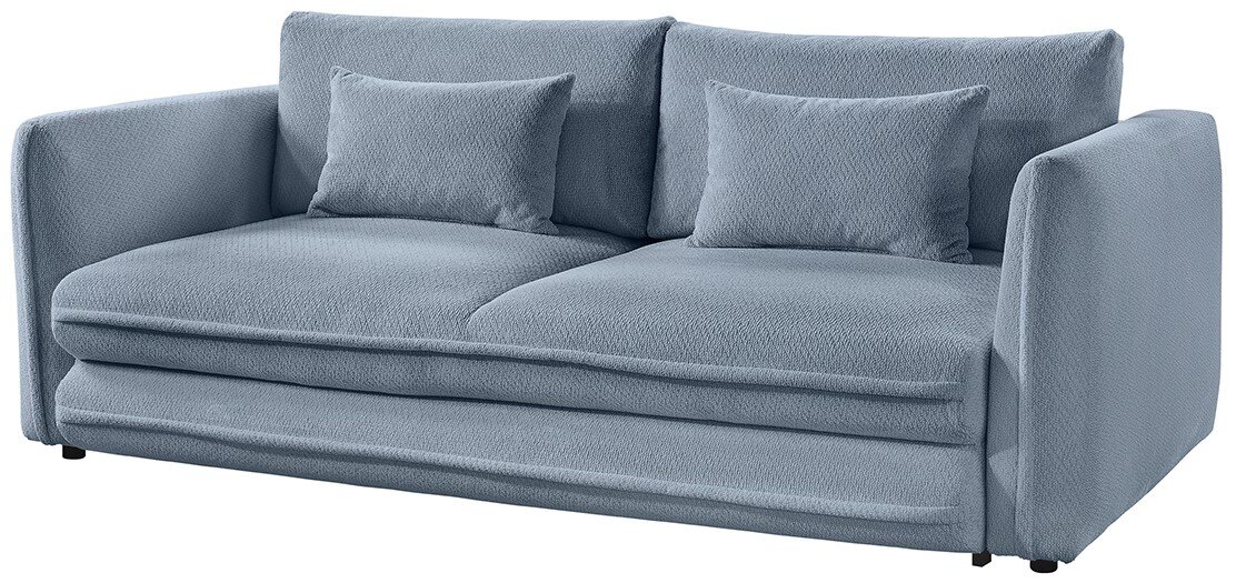 Blaues Funktionssofa mit zwei Kissen, seitliche Perspektive