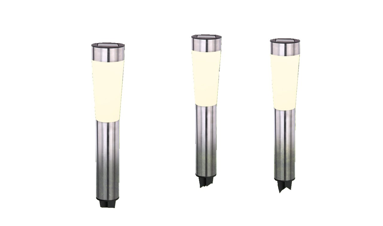 Drei solarbetriebene Garten-Wegeleuchten aus Edelstahl mit warmweiß leuchtendem Diffusor auf Rasen, frontale Perspektive auf die Lampen