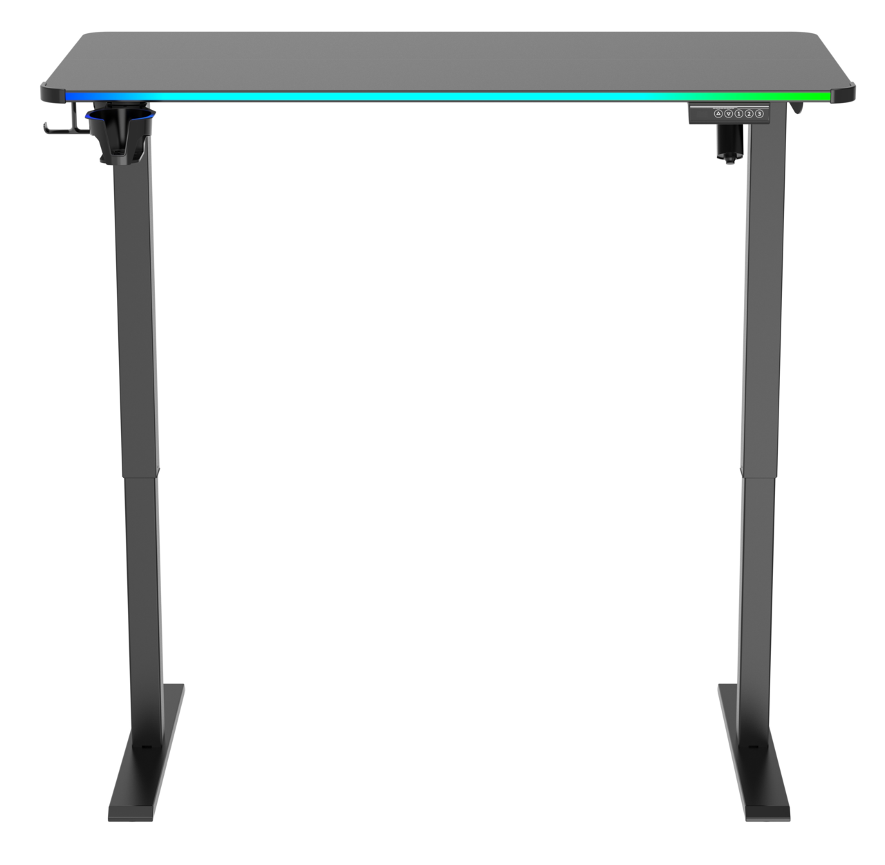 Moderner E-Gaming Tisch mit höhenverstellbaren Beinen, frontal betrachtet.