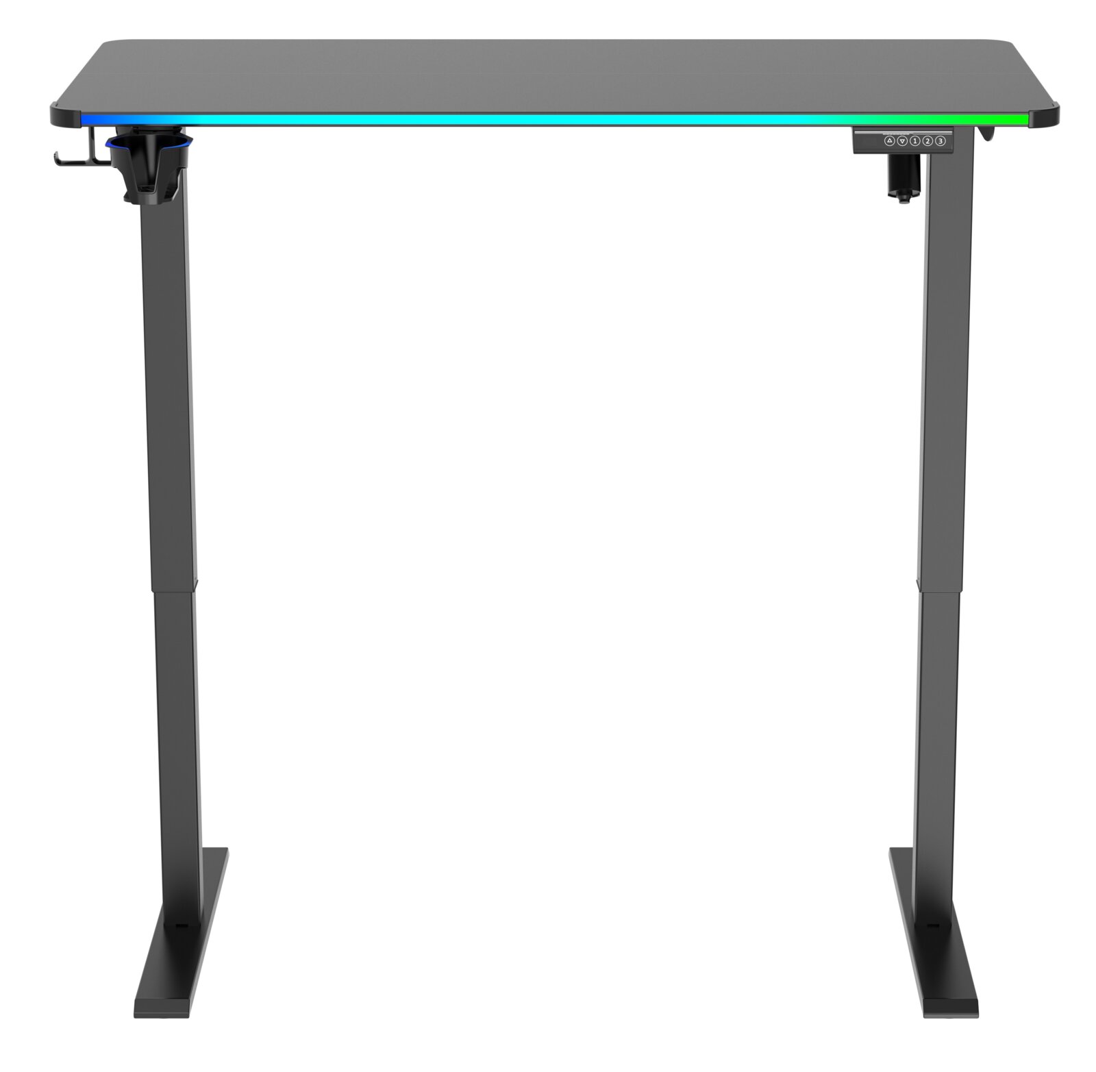 Moderner E-Gaming Tisch mit höhenverstellbaren Beinen, frontal betrachtet.
