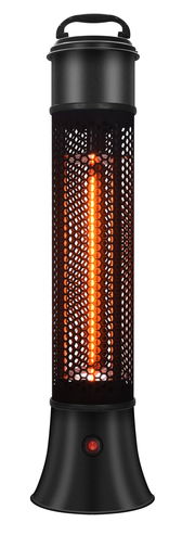 Infrarot-Standheizstrahler in schwarzem Gehäuse mit leuchtendem Heizelement, frontal betrachtet