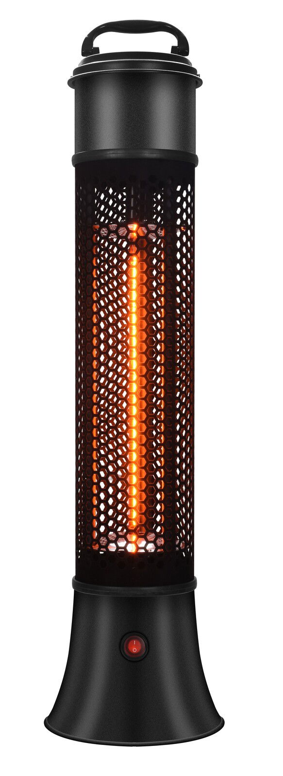 Infrarot-Standheizstrahler in schwarzem Gehäuse mit leuchtendem Heizelement, frontal betrachtet