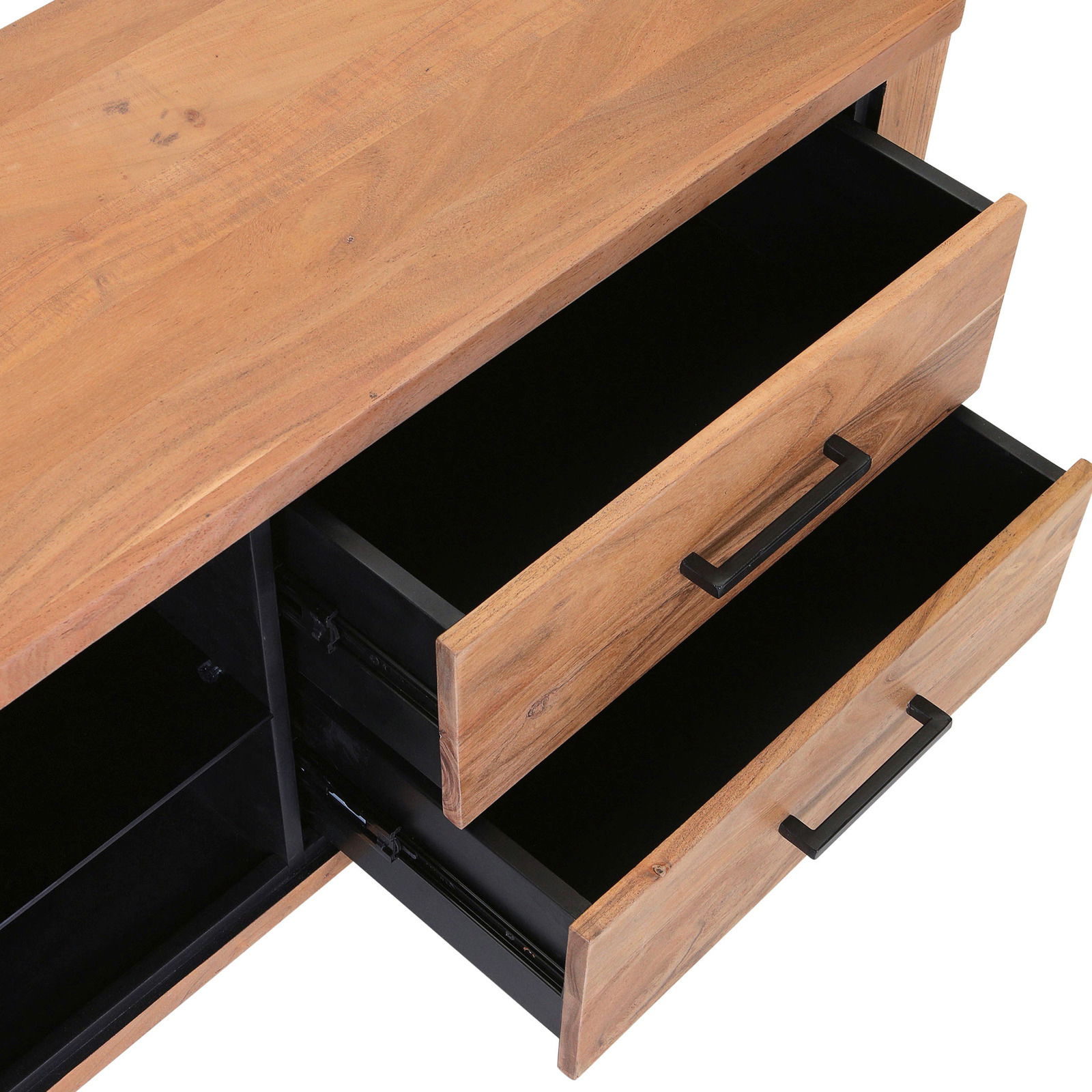 Holz-Lowboard mit zwei geöffneten Schubladen, Ansicht von oben