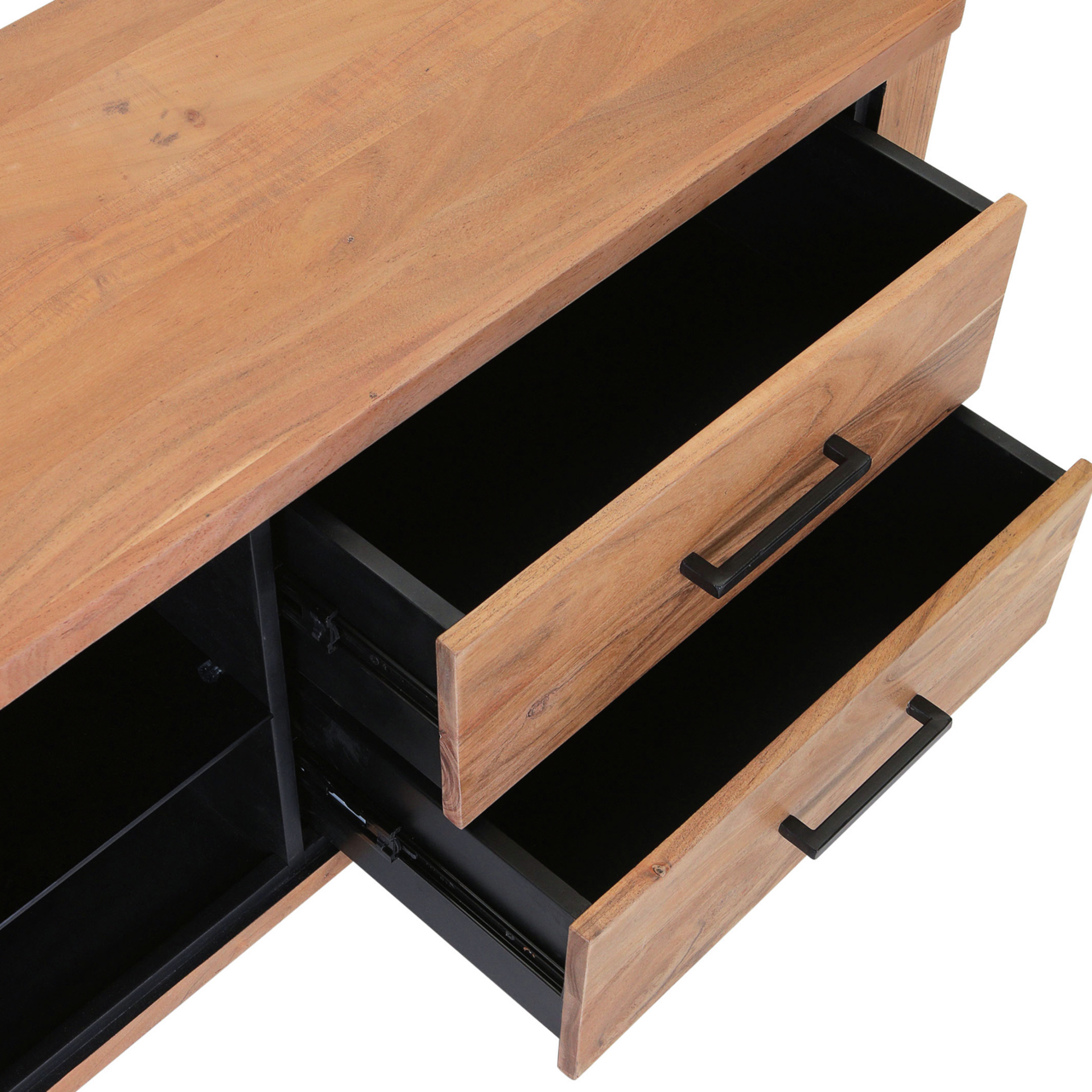 Holz-Lowboard mit zwei geöffneten Schubladen, Ansicht von oben