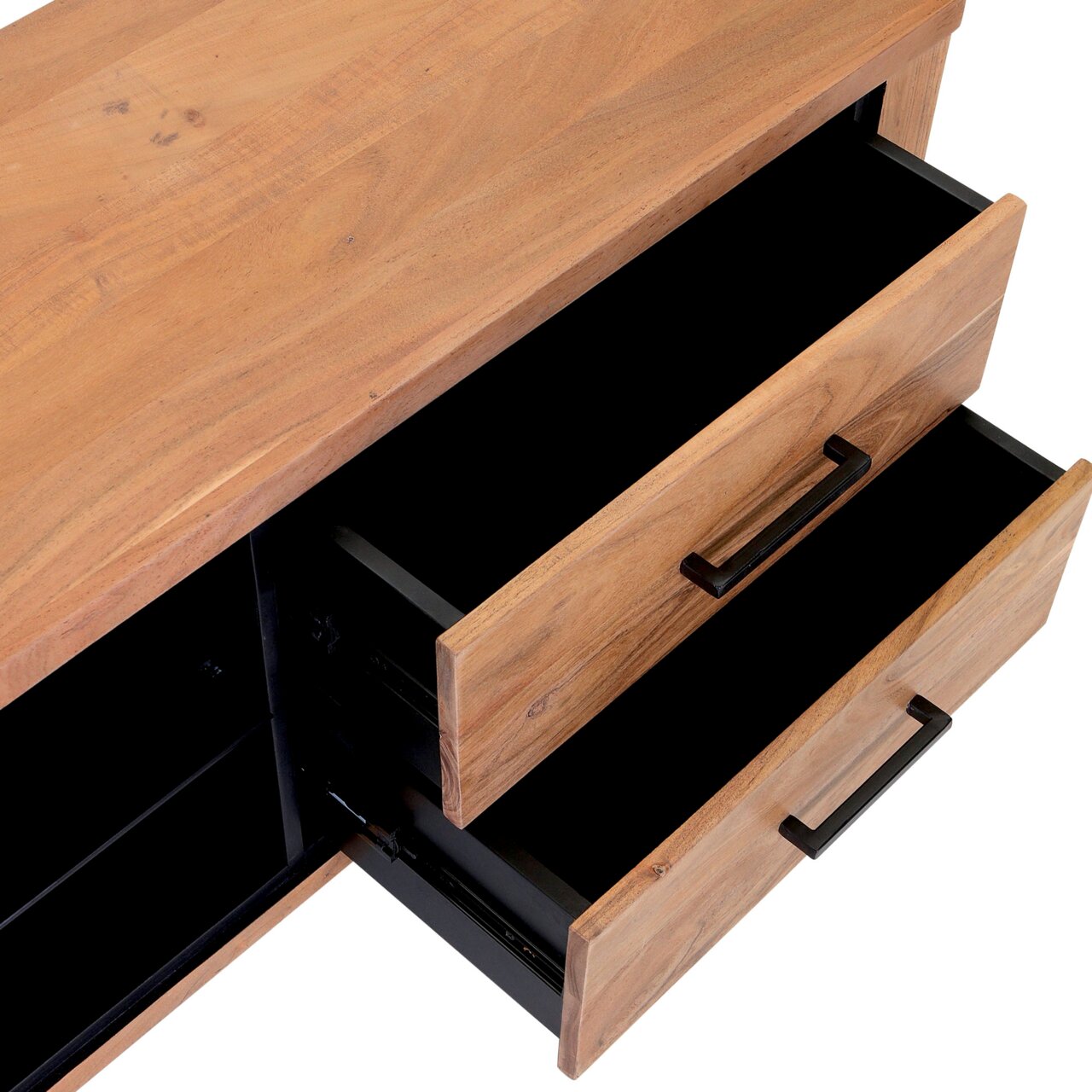 Holz-Lowboard mit zwei geöffneten Schubladen, Ansicht von oben