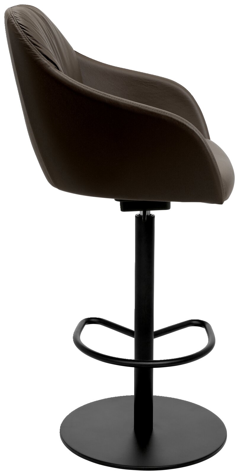 Moderner Barhocker in Seitenansicht mit schwarzem Metallgestell und dunkelbraunem gepolstertem Sitz.