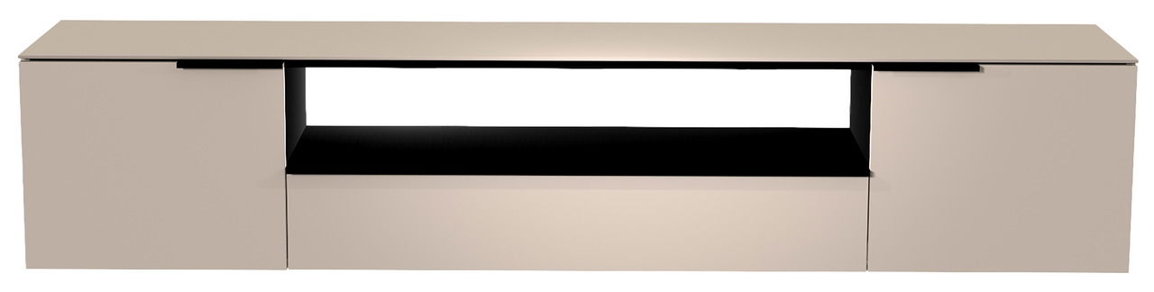 Moderano XL Hänge-Lowboard BORMIO Frontansicht eines XL Hänge-Lowboards in modernem Design mit zwei Türen und einem offenen Fach in der Mitte.