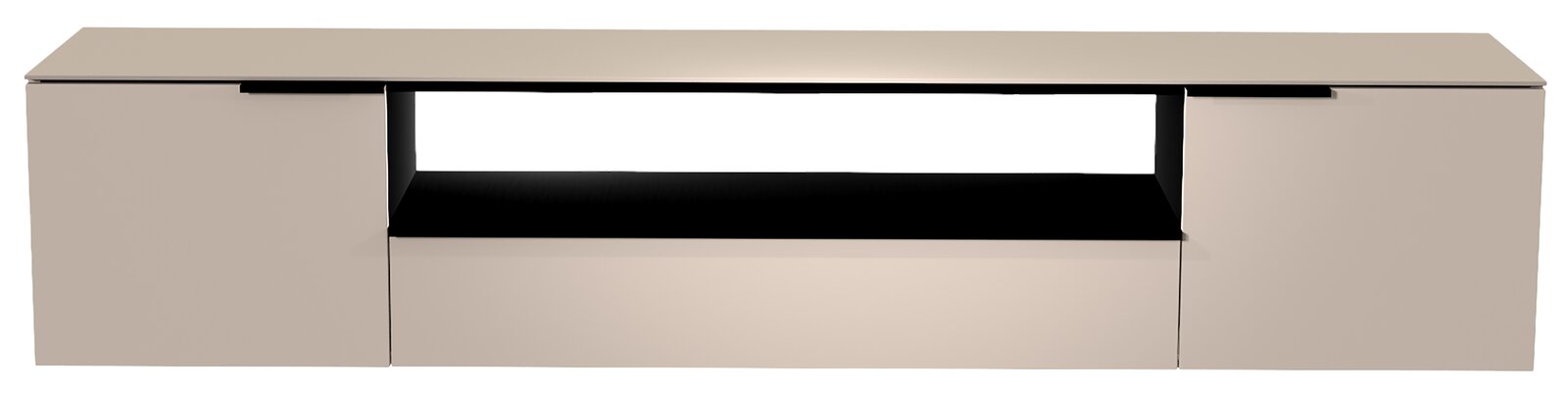 Frontansicht eines XL Hänge-Lowboards in modernem Design mit zwei Türen und einem offenen Fach in der Mitte.