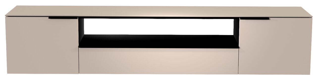 Frontansicht eines XL Hänge-Lowboards in modernem Design mit zwei Türen und einem offenen Fach in der Mitte.