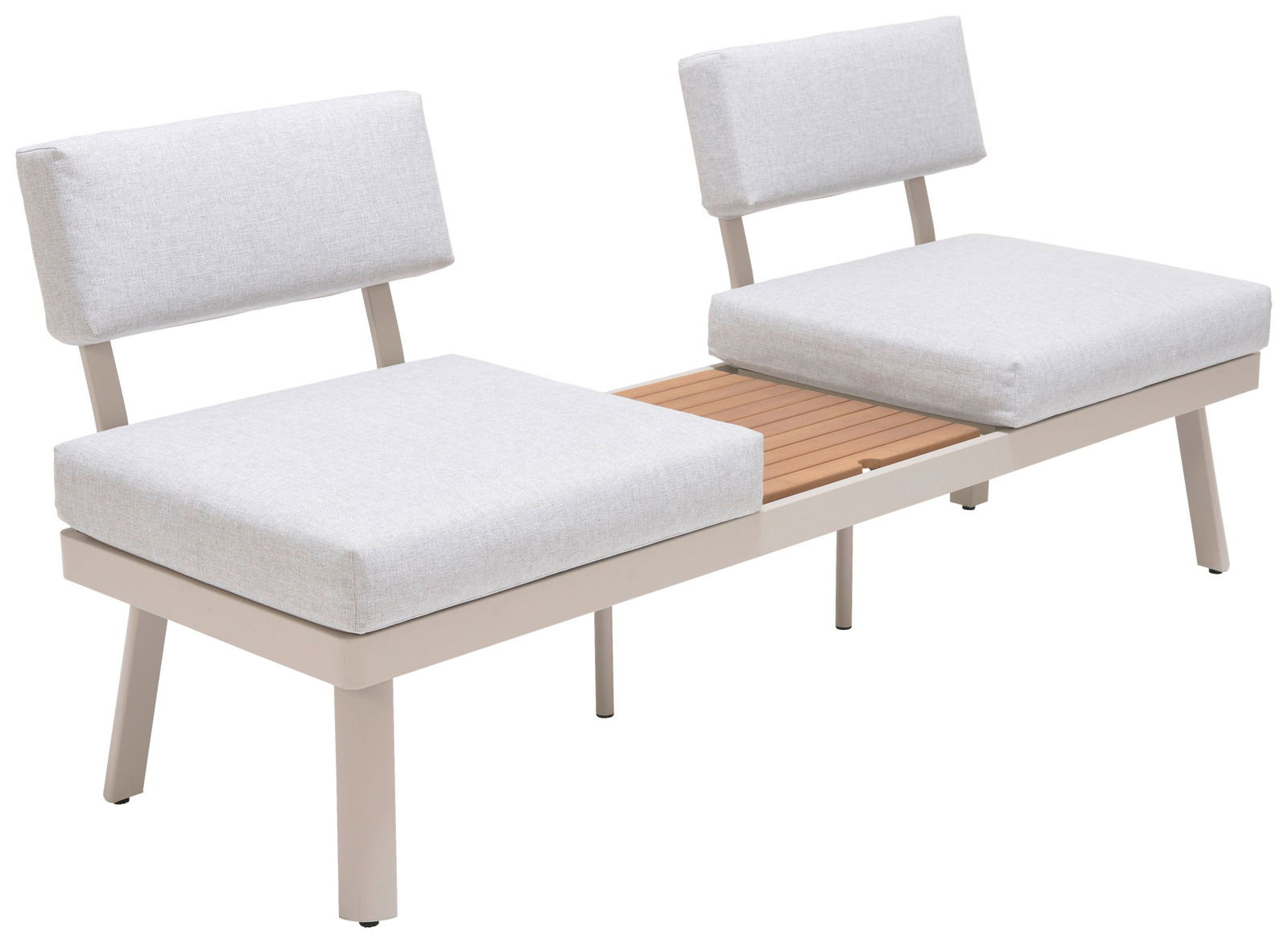 Moderne Lounge-Kombination mit zwei gepolsterten Sitzen und einem Holztisch in der Mitte, seitliche Perspektive