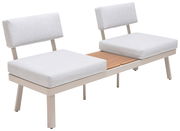 Moderne Lounge-Kombination mit zwei gepolsterten Sitzen und einem Holztisch in der Mitte, seitliche Perspektive