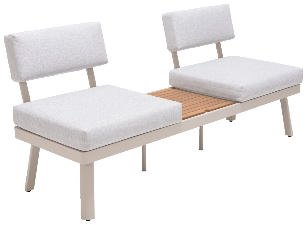 Moderne Lounge-Kombination mit zwei gepolsterten Sitzen und einem Holztisch in der Mitte, seitliche Perspektive