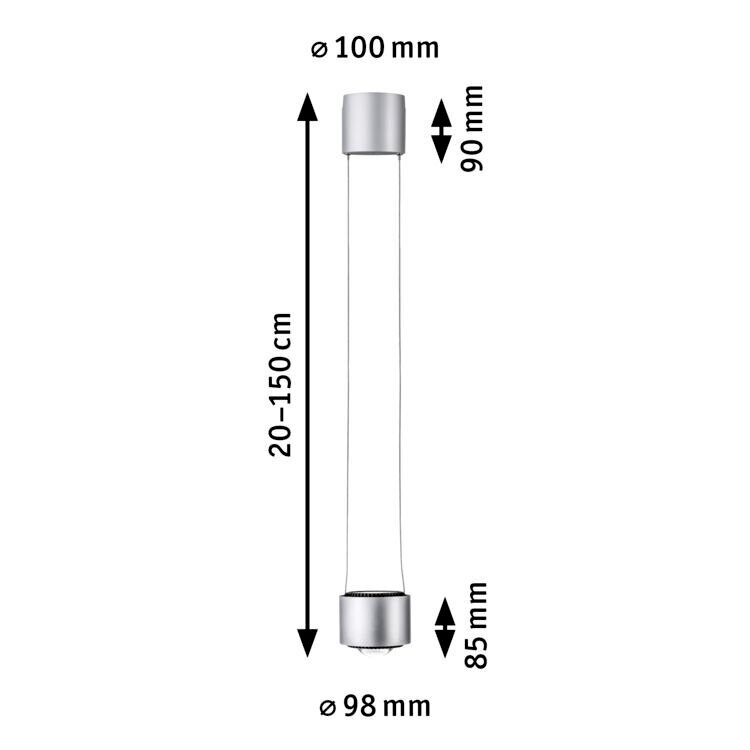 Schienenpendel Aldan, zylindrische Form, silberne Endkappen, Höhenverstellbar von 20 bis 150 cm, seitliche Ansicht
