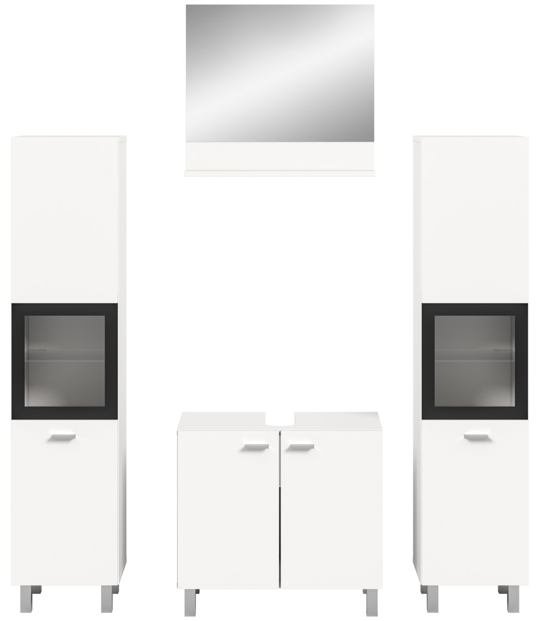 Moderne Badkombination BOSTON in Weiß mit zwei hohen Schränken, einem Waschbeckenunterschrank und einem Spiegel, Frontalansicht.