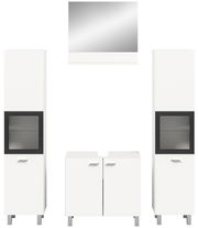 Moderne Badkombination BOSTON in Weiß mit zwei hohen Schränken, einem Waschbeckenunterschrank und einem Spiegel, Frontalansicht.