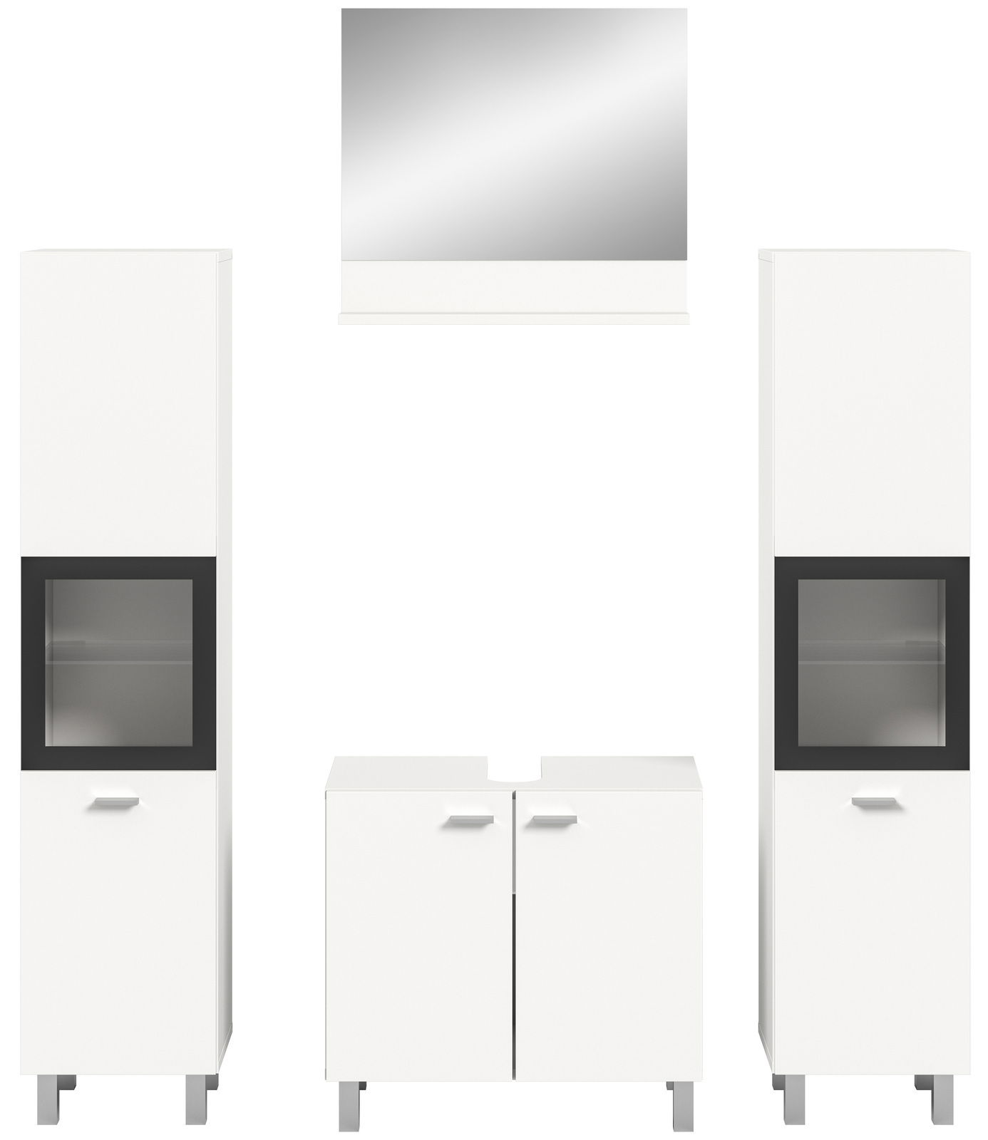 Moderne Badkombination BOSTON in Weiß mit zwei hohen Schränken, einem Waschbeckenunterschrank und einem Spiegel, Frontalansicht.