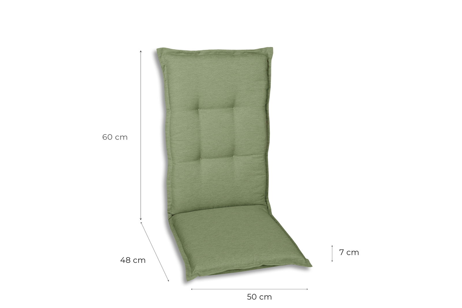 Grüne Sesselauflage in Seitenansicht mit den Maßen 60 cm Höhe, 48 cm Tiefe und 50 cm Breite.