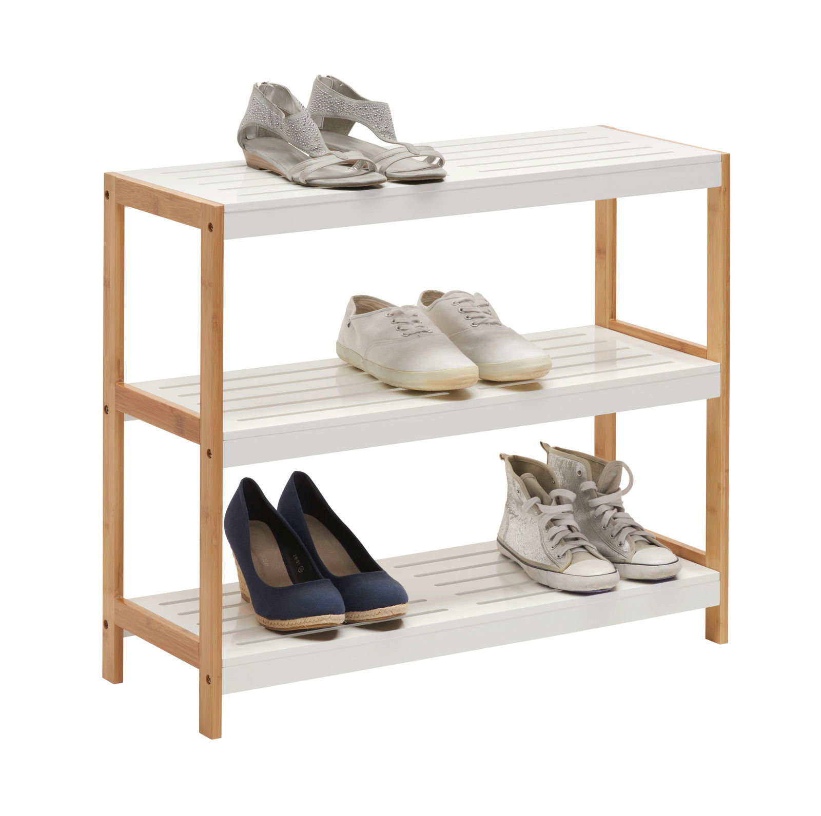 Schuhregal aus Holz und Metall mit drei Ebenen, gefüllt mit verschiedenen Schuhen, seitliche Perspektive