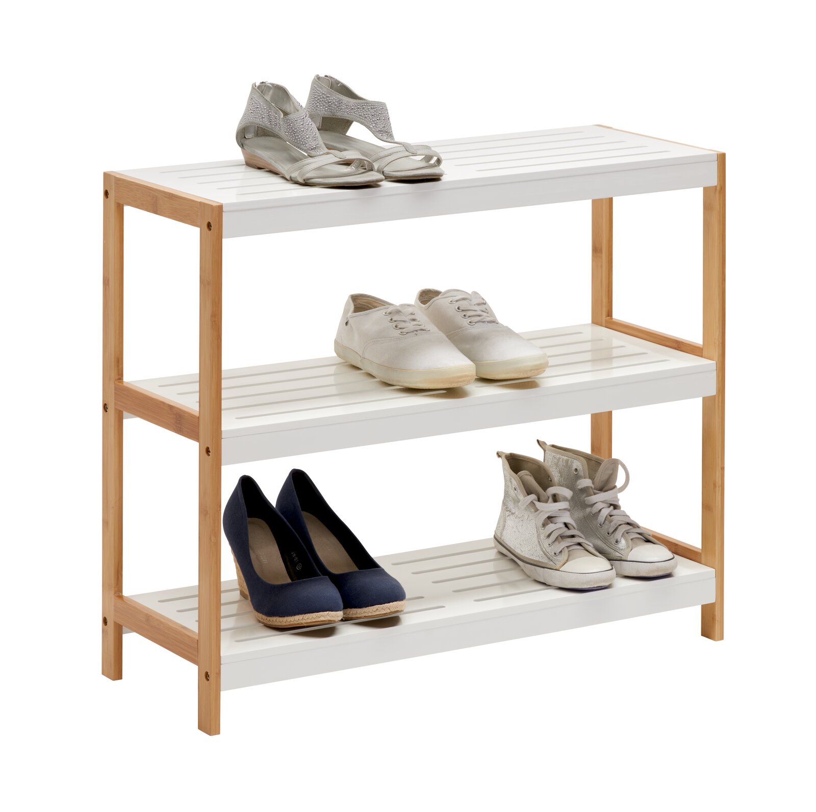Schuhregal aus Holz und Metall mit drei Ebenen, gefüllt mit verschiedenen Schuhen, seitliche Perspektive