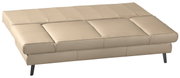 Beige Querschläfer-Sofa in seitlicher Perspektive, ausgeklappt mit schwarzen Beinen.