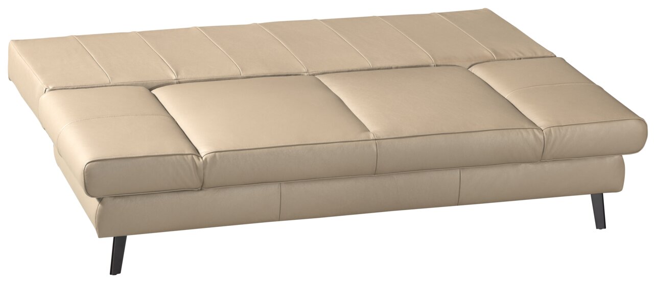Beige hoekbank in zijaanzicht, uitgeklapt met zwarte poten.