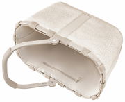 Beige Einkaufskorb mit weichem Stoff und stabilem Griff, von oben betrachtet.