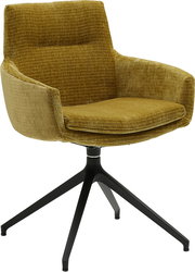 Moderner Armlehnstuhl mit senfgelbem Stoffbezug und schwarzem Metallgestell, seitliche Perspektive