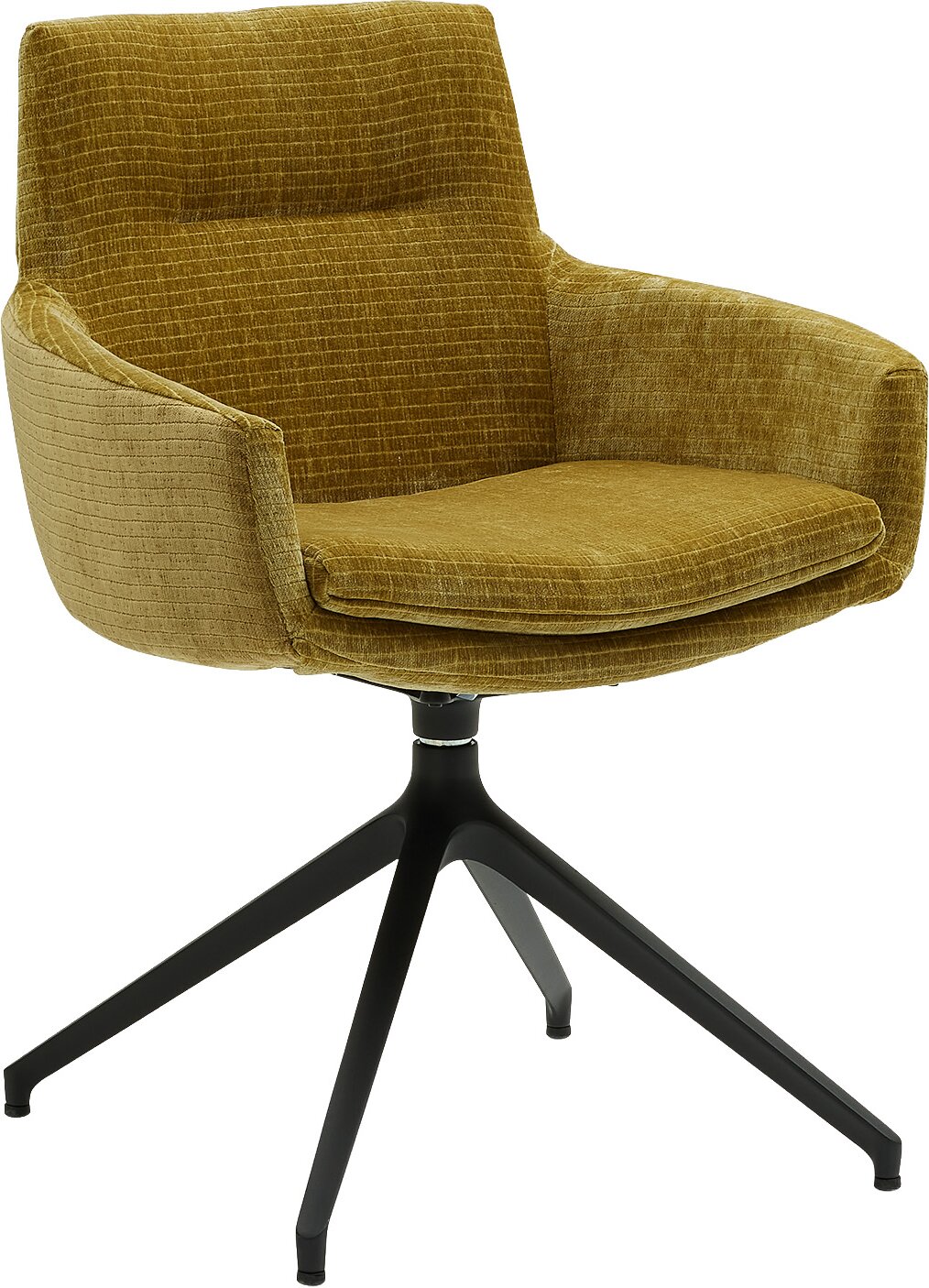 Moderner Armlehnstuhl mit senfgelbem Stoffbezug und schwarzem Metallgestell, seitliche Perspektive