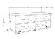 Technische 3D-Zeichnung eines niedrigen TV-Lowboards mit zwei offenen Fächern, Gesamtbreite ca. 950+400 mm, Höhe ca. 393 mm, in schräger Frontansicht (Perspektive von vorne links).