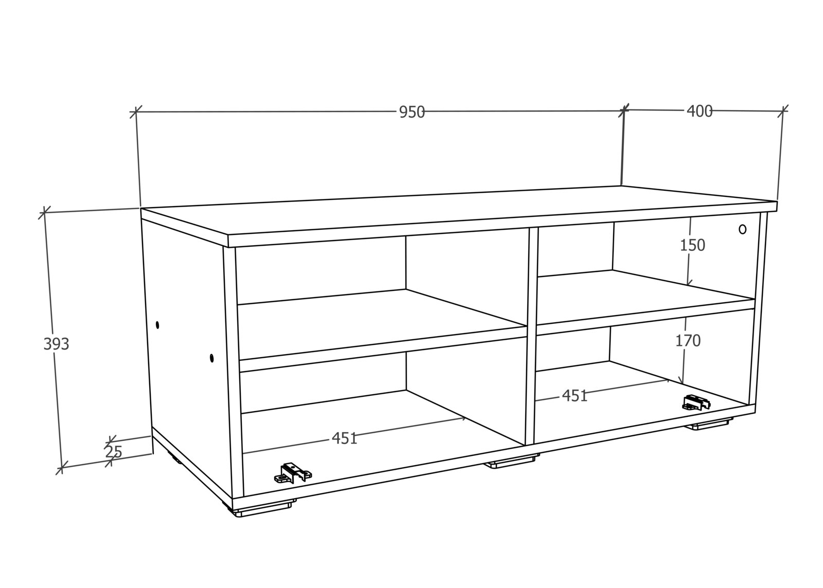 Technische 3D-Zeichnung eines niedrigen TV-Lowboards mit zwei offenen Fächern, Gesamtbreite ca. 950+400 mm, Höhe ca. 393 mm, in schräger Frontansicht (Perspektive von vorne links).