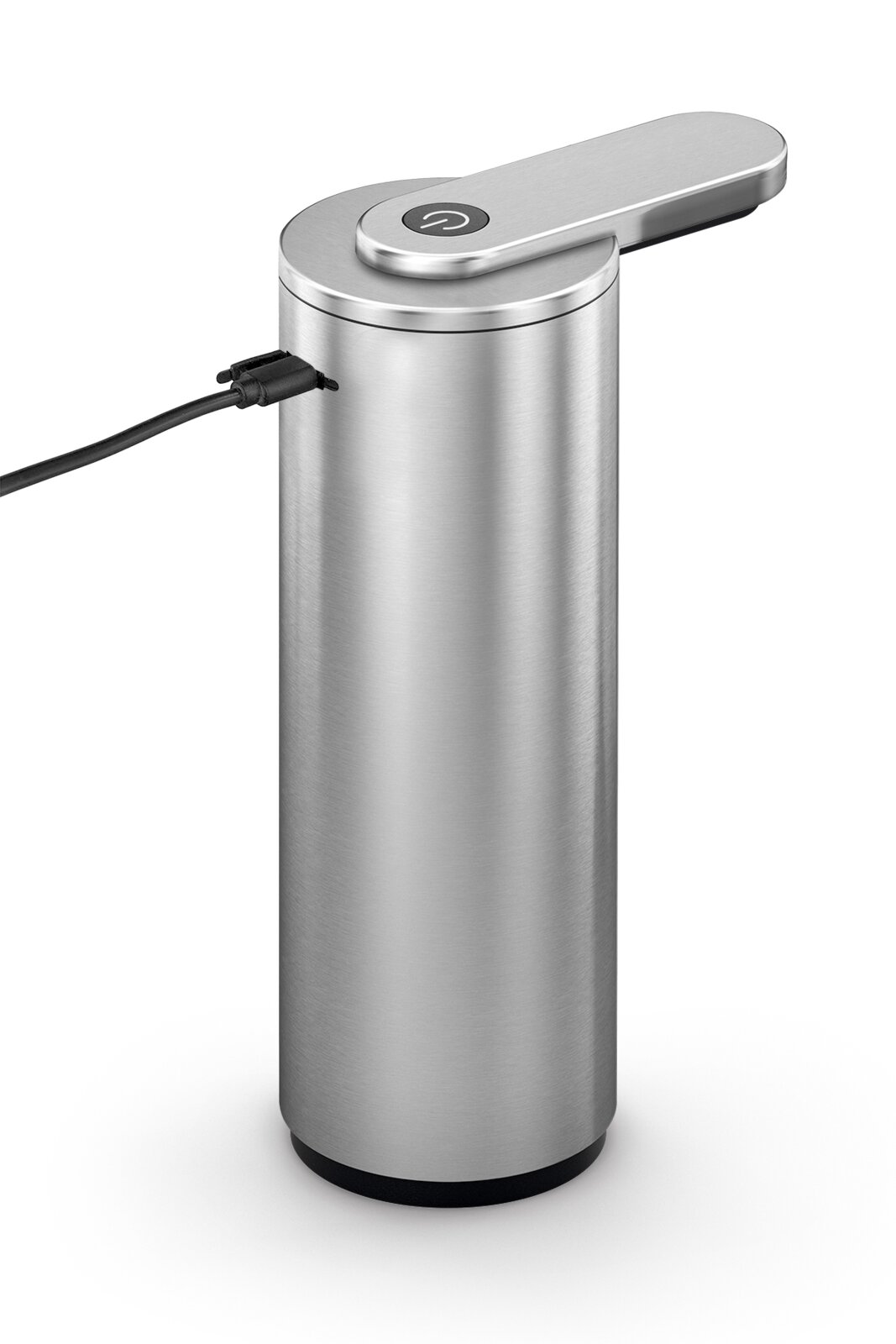 Edelstahlfarbener elektrischer Korkenzieher/Weinöffner mit Hebel und Power-Taste, seitlich angeschlossenes Ladekabel, Produktansicht schräg von vorne oben auf weißem Hintergrund