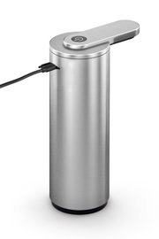 Edelstahlfarbener elektrischer Korkenzieher/Weinöffner mit Hebel und Power-Taste, seitlich angeschlossenes Ladekabel, Produktansicht schräg von vorne oben auf weißem Hintergrund